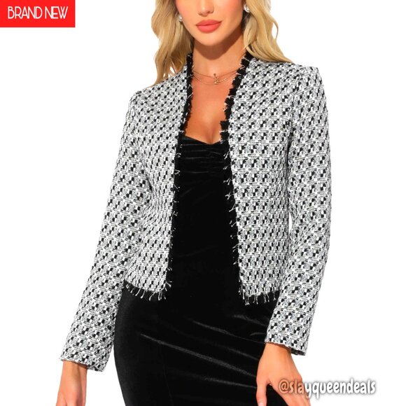 Plaid Tweed Blazer Long Sleeve Open Front Work Office Jacket XS